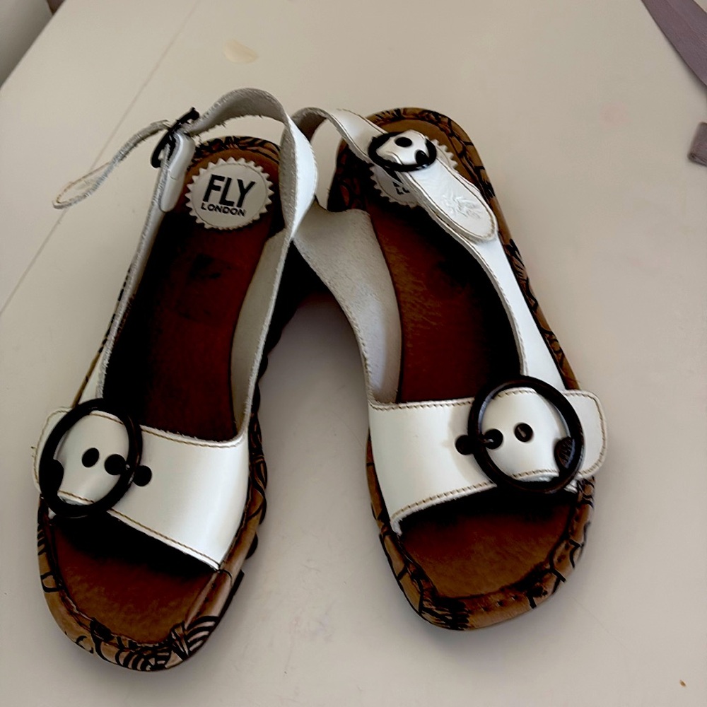 Fly London White and Brown Buckle Slingback Sandals